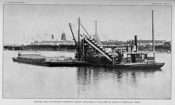 Dredge Raising Concrete Gravel on Willamette River