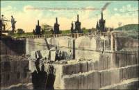 Channelers in the Consolidated Stone Co., Bloomington, Indiana, limestone quarry (postcard photo)