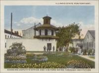 “Illinois State Penitentiary – Showing Deputy’s Office and Visitors going through Institution” (colorized postcard photograph)