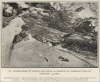 Lower edge of schist inclusion in granite at quarry in Freeport, Maine