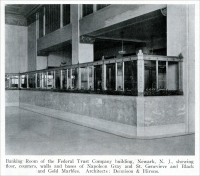 “Banking room of the Federal Trust Company building, Newark, New Jersey, showing floor, counters, walls and bases of Napoleon Gray and St. Genevieve and Black and Gold Marbles. Architects: Dennison & Hirons.” From “Stone,” Jan. 1928, pp. 32-38