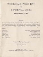 Front cover of the Vermont Marble Co. Wholesale Price List of Monumental Marble, Effective January 1, 1950