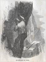 Quarryman at work in one of the Penrhyn slate quarries, , in "The Illustrated London News," April 17, 1858. 