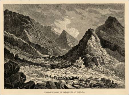 Marble Quarries of Ravaccione, at Carrara, Italy (engraving, late 1800s)