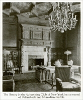 Fireplace mantel in the library at the Advertising Club in New York City, from “The Most Famous Stairway in New York City,” Through the Ages, Vol. 5, No. 8, December 1927, pp. 18-22