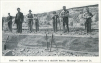 “Sullivan DB-19 hammer drills on a shallow bench, Shenango Limestone Co.” (from “Quarrying with Hammer Drills” (in Pennsylvania, Ohio, and Texas), “Mine and Quarry,” Aug, 1911, pp. 537)