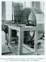 “Apparatus designed and set up by the Bureau of Standards for long period scrubbing tests on marble.”  From “A Study of Practical Problems for the Marble Industry,” by D. W. Kessler, in Stone, Vol. XLVI, No. 8, August 1925