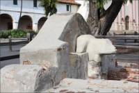 Closeup of north end of the Santa Barbara Mission lavanderia and bear figure (CA)