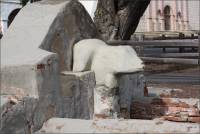 Closeup of north end of the Santa Barbara Mission lavanderia and bear figure (CA)