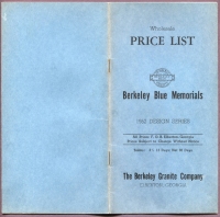 Front cover of "Wholesale Price List, Berkeley Blue Memorials," 1952, Berkeley Granite Co., Elberton, Georgia