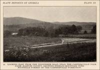 Looking east from the Tennessee Road near the Cartersville Poor Farm, Bartow County, Georgia, showing Pinelog Mountain with foothills formed by the Cartersville Formation (circa 1918)