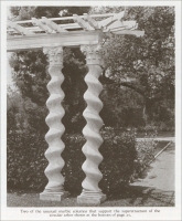 Two of the unusual marble columns that support the superstructure of the circular arbor, Jewett resident, Pasadena, Calif., "Through the Ages," 7-1926