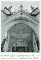 “View showing groined ceiling of carved buff Indiana Limestone in Soldiers’ Memorial in Church Yard of St. James Church, Toronto, Ontario. Architects: Sproatt & Rolph.”  From “Carved Stone in Soldiers’ Memorials” in Stone, Vol. XLVI, No. 8, August 1925