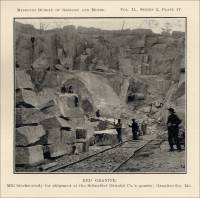 Plate IV. Red Granite. Mill blocks ready for shipment at the Schneider Granite Co.’s quarry, Graniteville, Missouri (circa 1890)