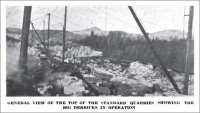 “General view of the top of the Standard Quarries showing the big derricks in operation.” Barre, Vt. ("Granite Marble & Bronze, July 1917, pp. 15) 