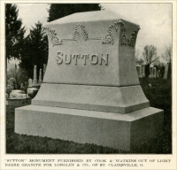 “‘Sutton’ monument furnished by Cook & Watkins out of Light Barre Granite for Longley & Co., of St. Clarksville, Ohio.” (from The Monumental News, Vol. XVIII, No. 4, April 1909, pp. 317)